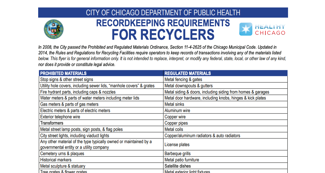 screenshot of prohibited and regulated material for the city of Chicago.